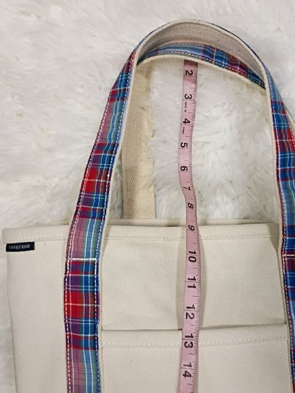 Lands End Tote Canvas Plaid Straps Cream Navy Large - Picture 4 of 10